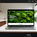 **A designer's portfolio website showcasing a biophilic design project, emphasizing natural light, green walls, and sustainable materials. The website is clean, modern, and easy to navigate, with high-resolution images and a professional, yet personal tone.**